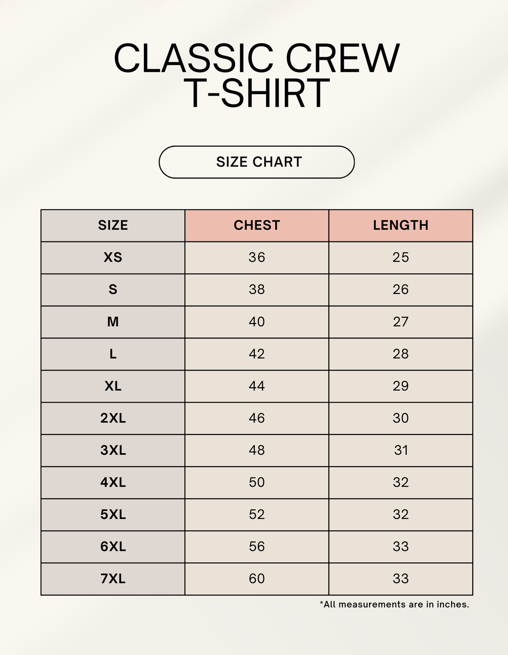 Size chart for classic crew t-shirts showing chest and length measurements in inches.