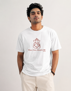 White unisex cotton t-shirt with a red Lord Ganapati design by Vedic Bridge.