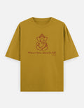 Where I bow obstacles fall Ganesha print mustard yellow oversized t-shirt front