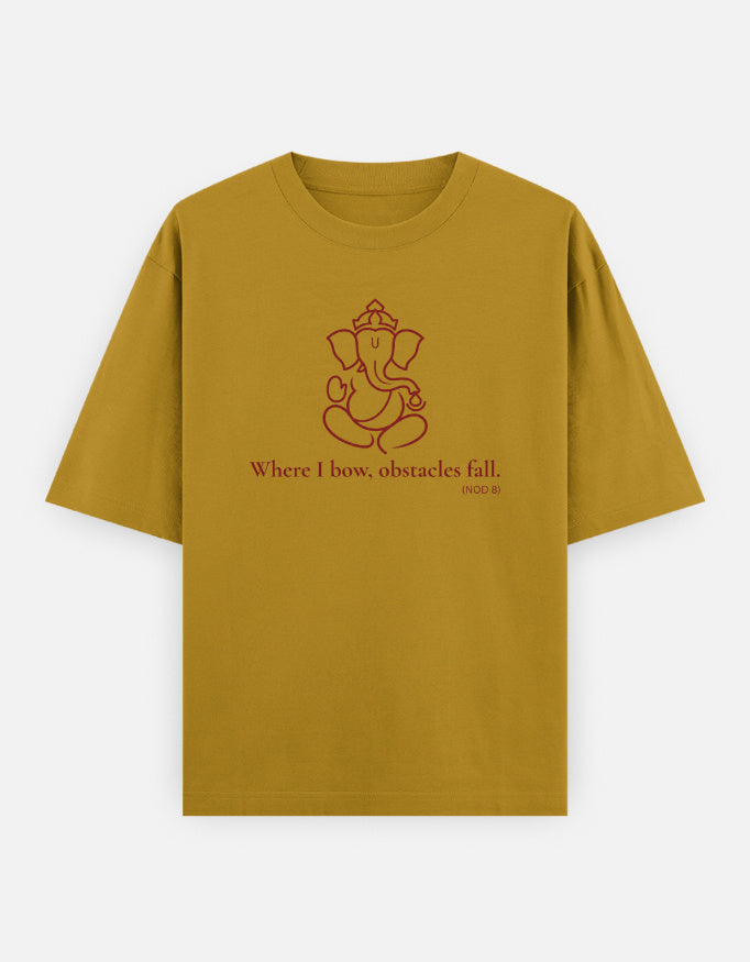 Where I bow obstacles fall Ganesha print mustard yellow oversized t-shirt front