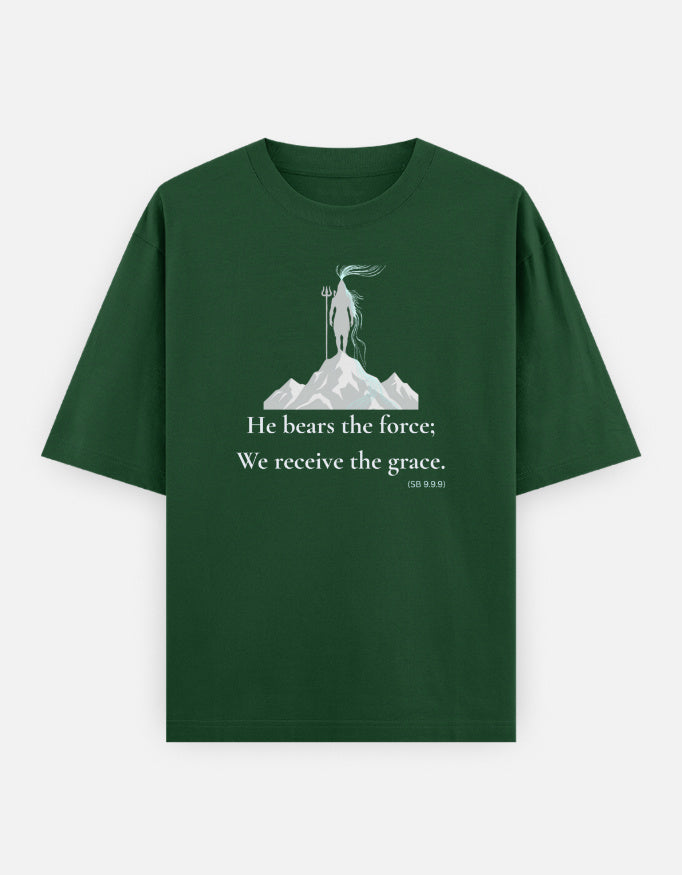 He bears the force Shiva Gangadhara print bottle green oversized t-shirt front