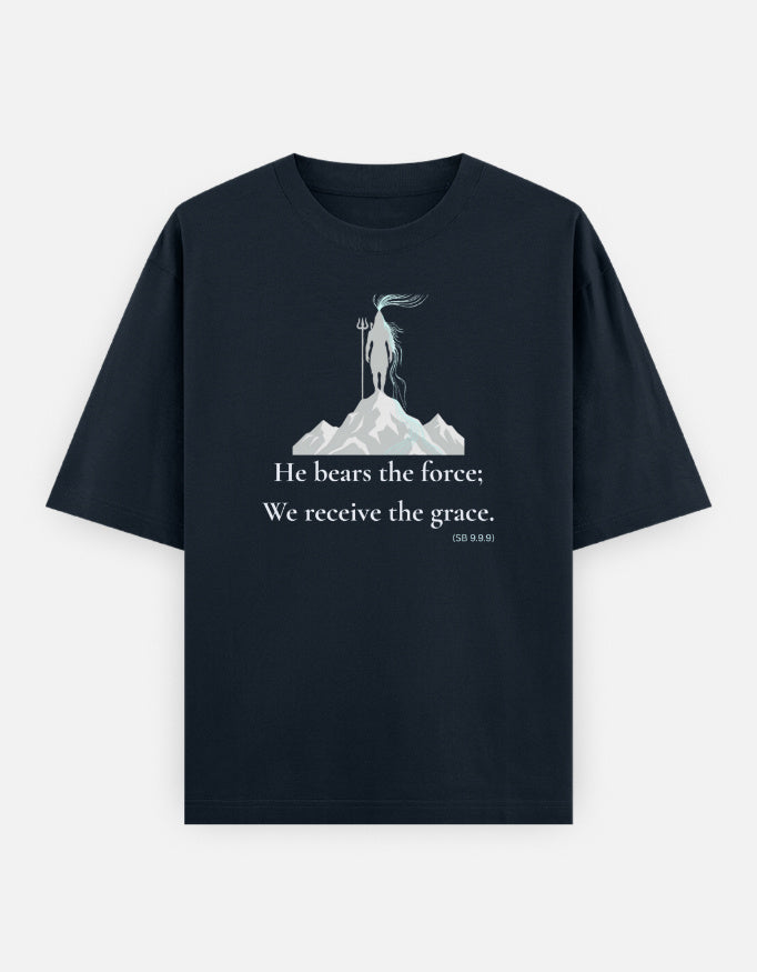 He bears the force Shiva Gangadhara print navy blue oversized t-shirt front