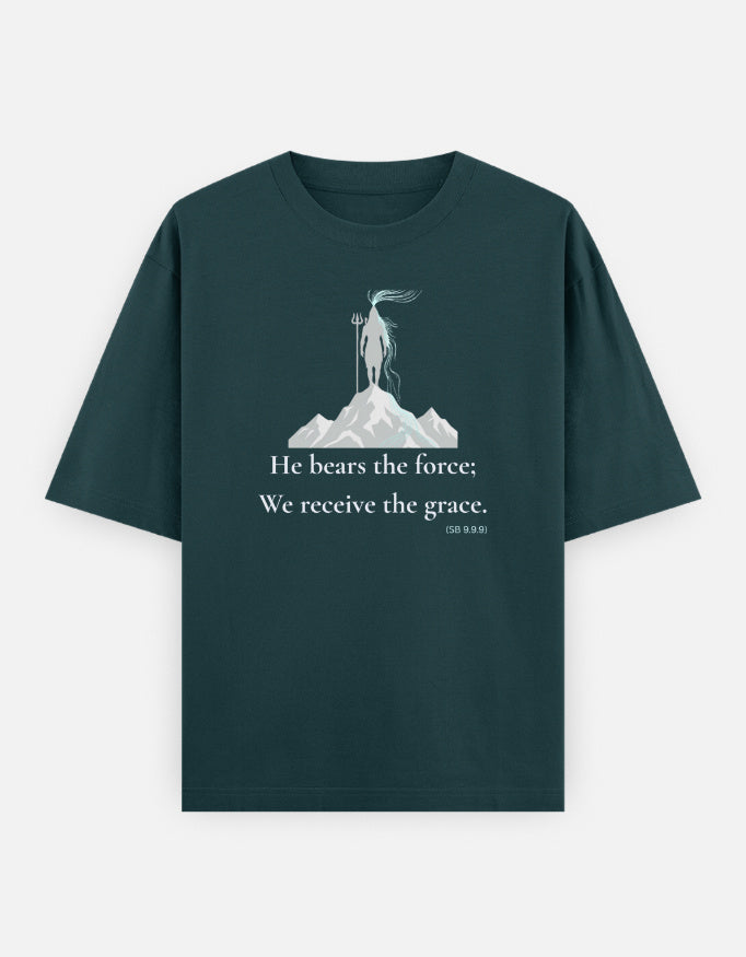 He bears the force Shiva Gangadhara print petrol blue oversized t-shirt front