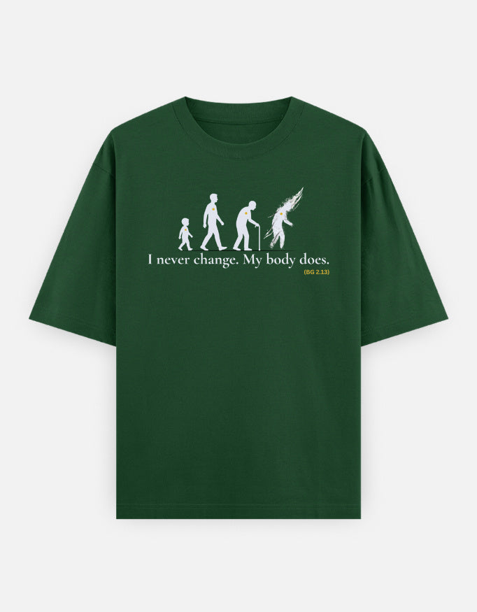 I never change Bhagavad Gita transmigration print bottle green oversized t-shirt front