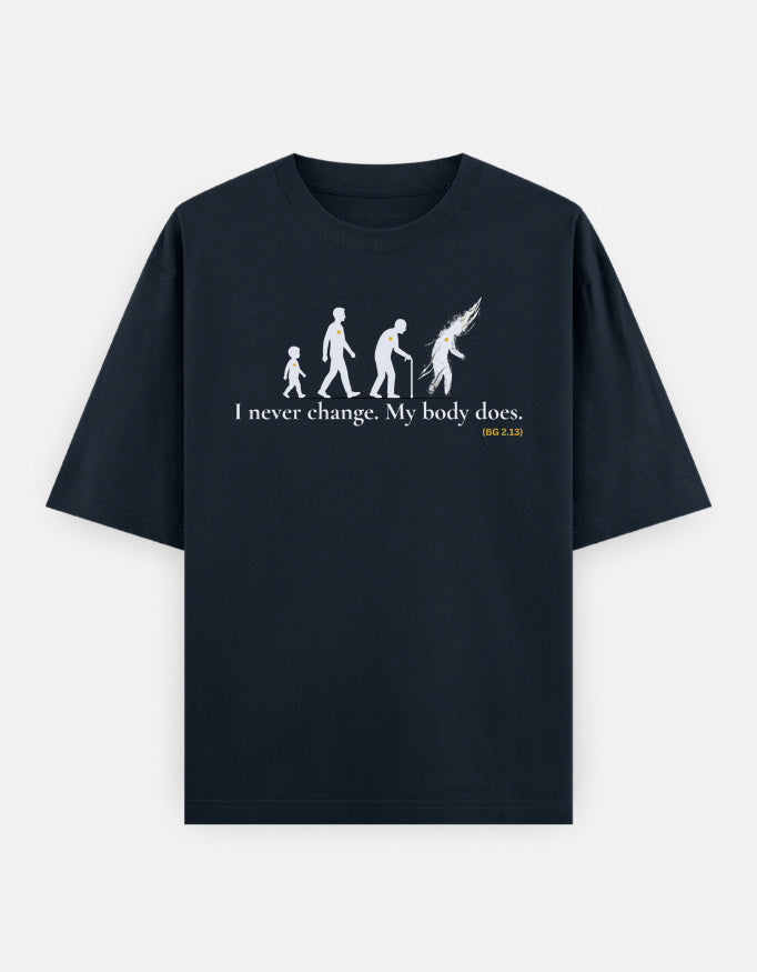 I never change Bhagavad Gita transmigration print navy blue oversized t-shirt front