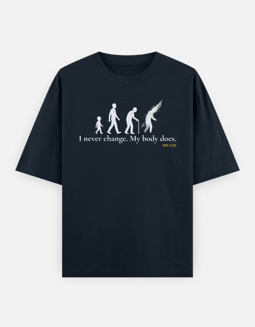 I never change Bhagavad Gita transmigration print navy blue oversized t-shirt front