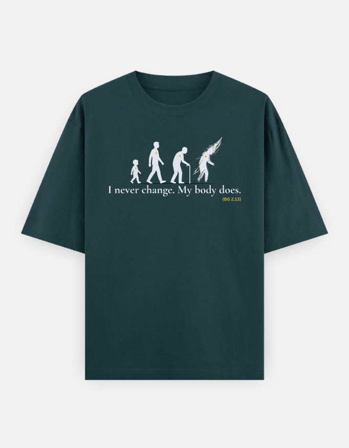 I never change Bhagavad Gita transmigration print petrol blue oversized t-shirt front