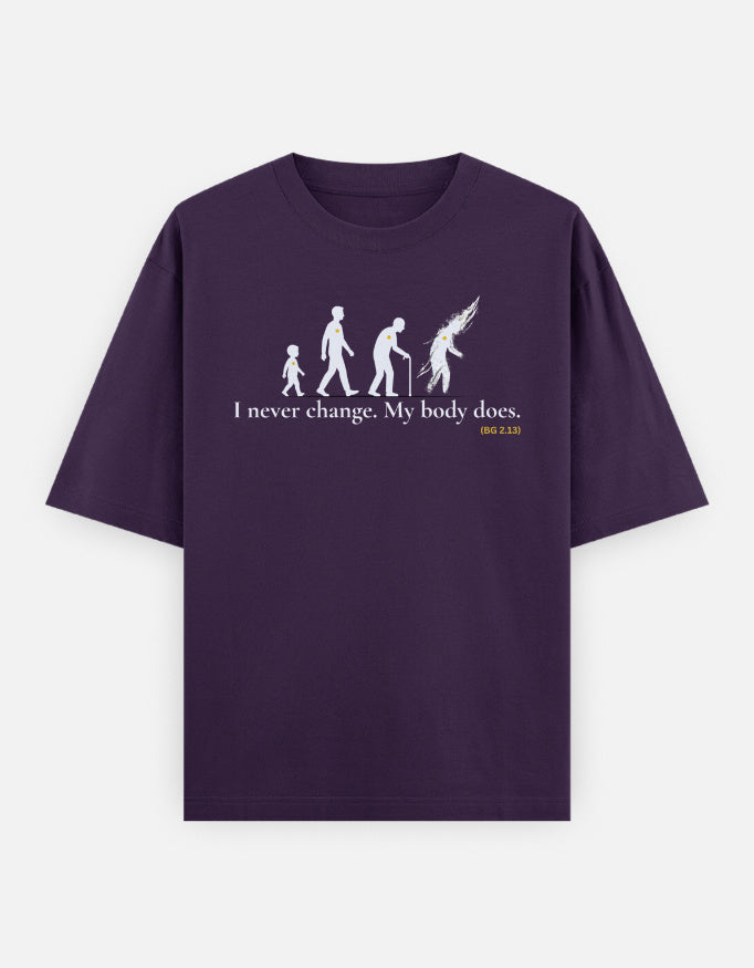 I never change Bhagavad Gita transmigration print purple oversized t-shirt front