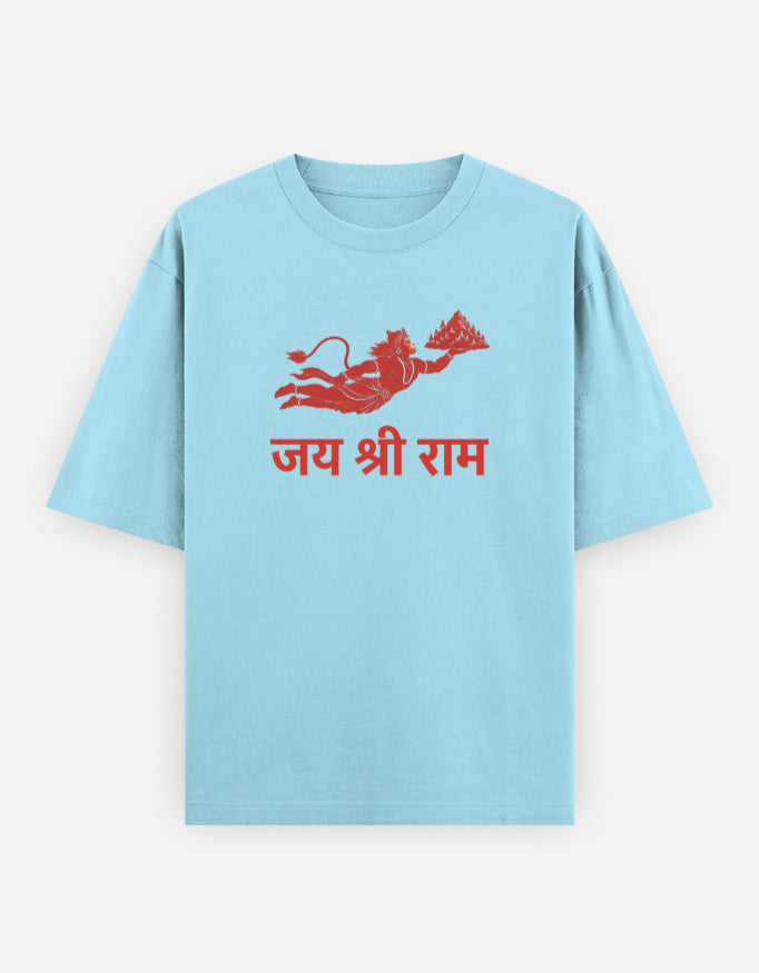 Jai Shri Ram Hanuman print baby blue oversized t-shirt front