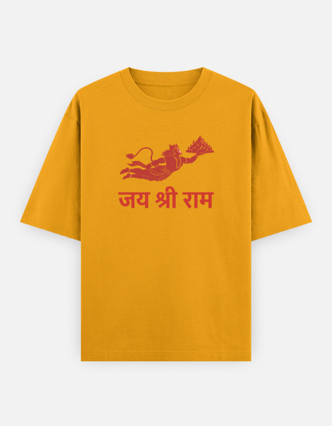Jai Shri Ram Hanuman print golden yellow oversized t-shirt front