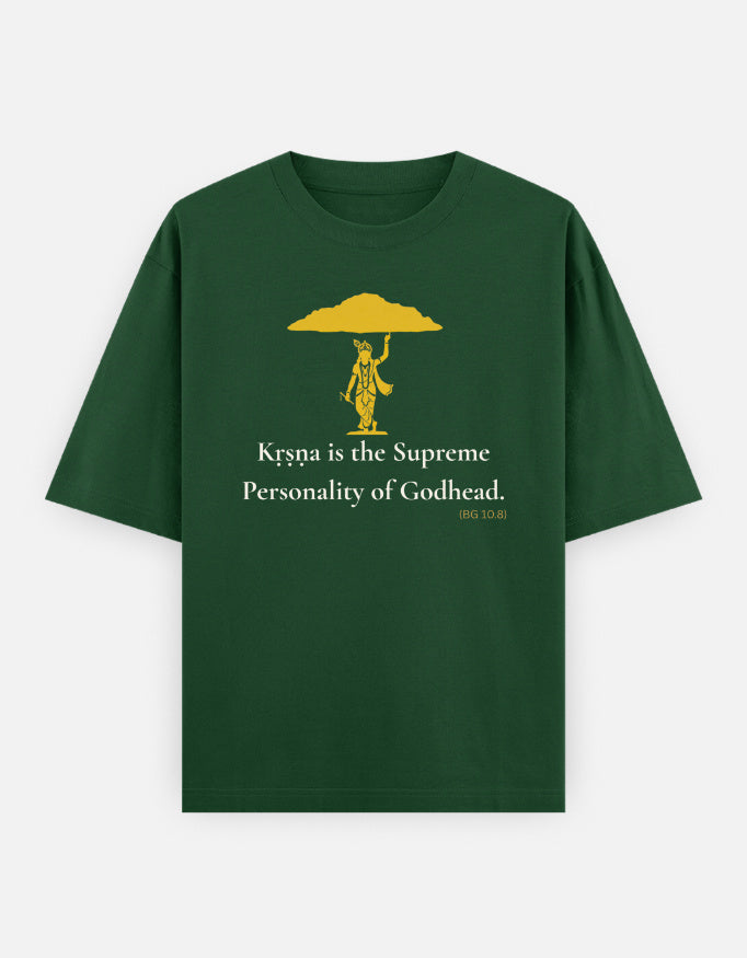 Krishna Supreme Personality of Godhead Govardhan print bottle green oversized t-shirt front.jpg