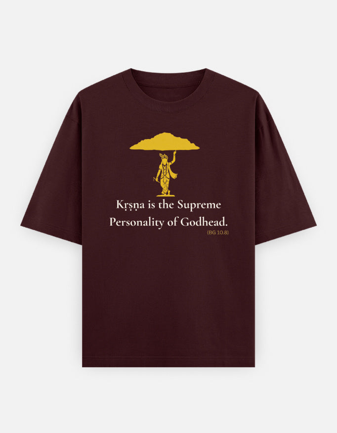 Krishna Supreme Personality of Godhead Govardhan print maroon oversized t-shirt front.jpg
