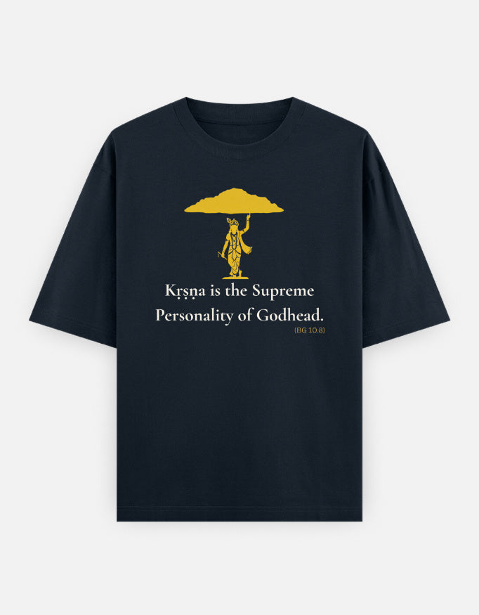 Krishna Supreme Personality of Godhead Govardhan print navy blue oversized t-shirt front.jpg