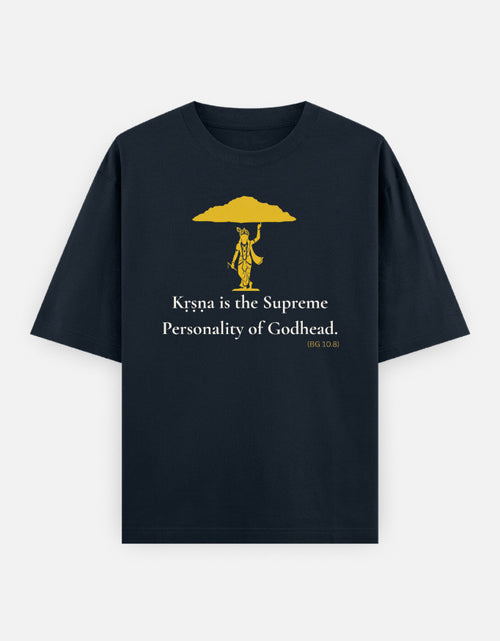 Krishna Supreme Personality of Godhead Govardhan print navy blue oversized t-shirt front.jpg