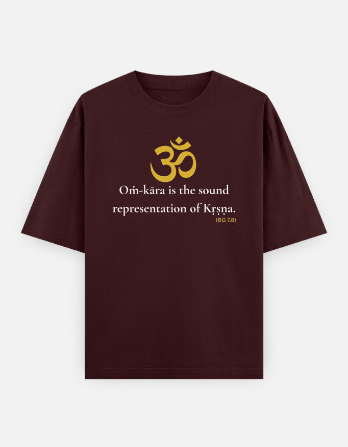 Om-kara sound representation of Krishna print maroon oversized t-shirt front