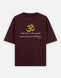 Om-kara sound representation of Krishna print maroon oversized t-shirt front