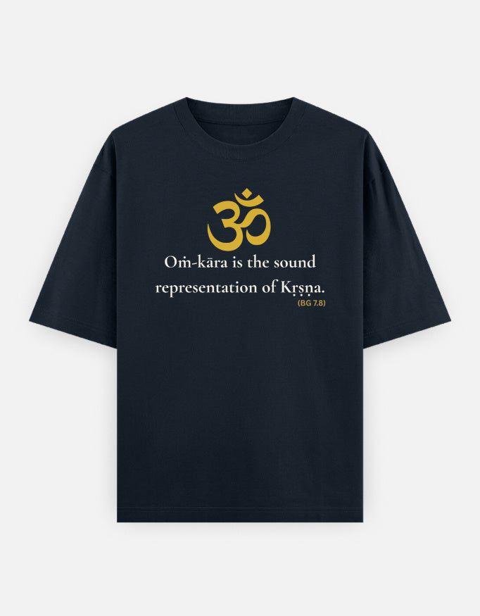 Om-kara sound representation of Krishna print navy blue oversized t-shirt front