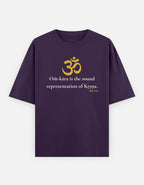 Om-kara sound representation of Krishna print purple oversized t-shirt front