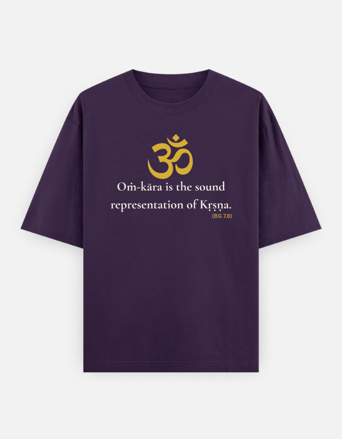 Om-kara sound representation of Krishna print purple oversized t-shirt front