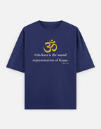 Om-kara sound representation of Krishna print royal blue oversized t-shirt front