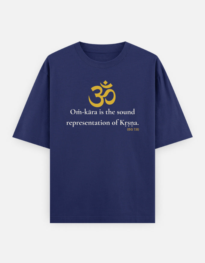 Om-kara sound representation of Krishna print royal blue oversized t-shirt front
