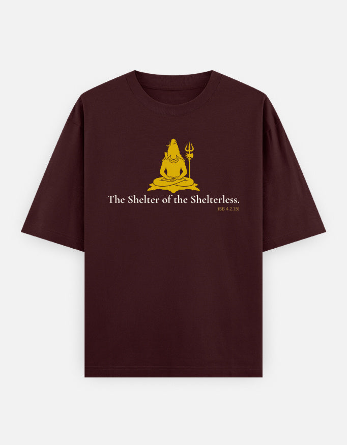 Shelter of the Shelterless Shiva print maroon oversized t-shirt front
