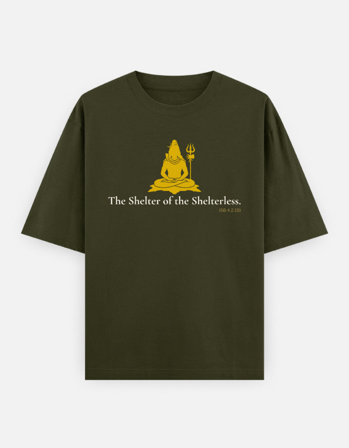 Shelter of the Shelterless Shiva print olive green oversized t-shirt front