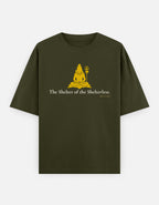 Shelter of the Shelterless Shiva print olive green oversized t-shirt front